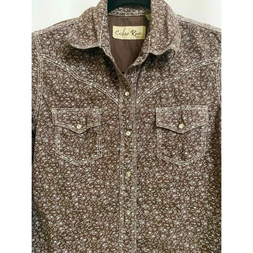 Cedar Rose Brown Floral Western Snap Button Shirt Women's Size Small - Picture 2 of 8